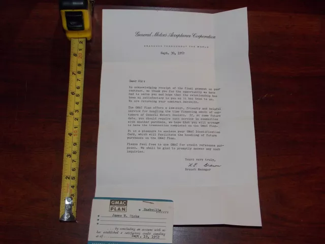 General Motors Acceptance Corporation Gmac Letter Head Id Card 1952