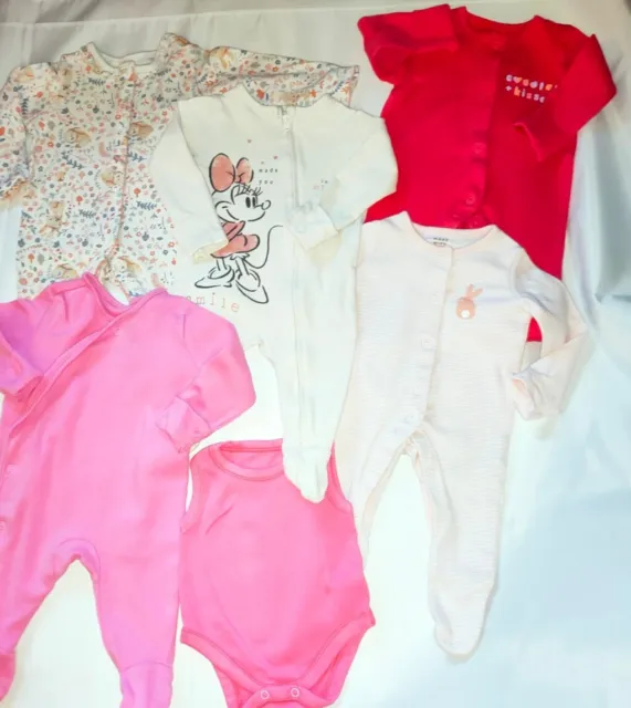 Baby Girls 0-3 Months Bundle 5 X Sleepsuits And 1 X Vest Cotton Pink