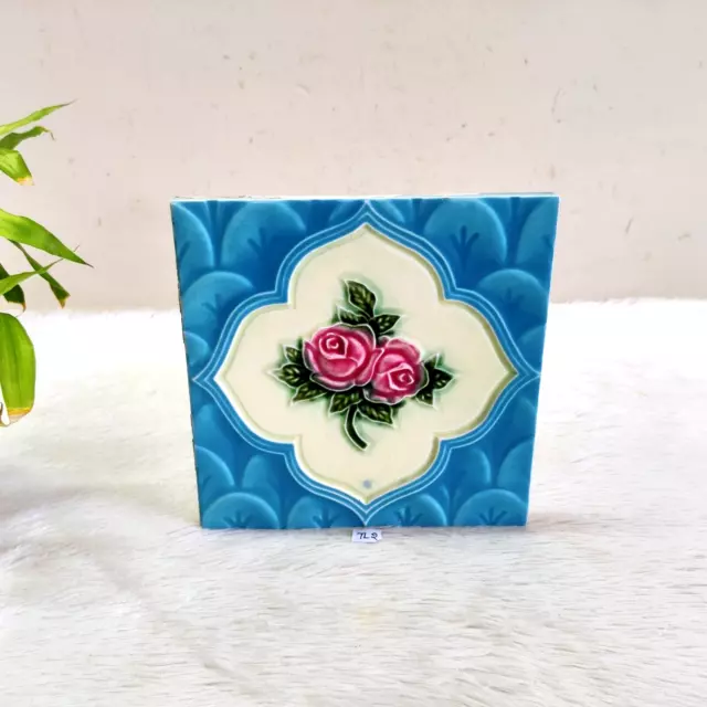 1930s Vintage Floral Embossed Blue Shaded Architecture Furniture Tile Japan TL2