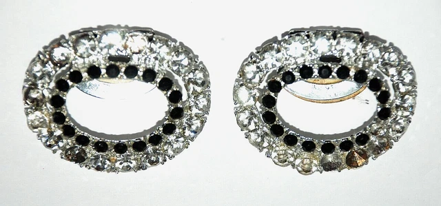 TIP TOE Signed Shoe Clips Silver and Black Tone Glitzy Rhinestones Bling Vintage