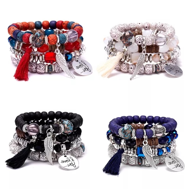 Womens Multilayer Boho Bracelet Natural Stone Crystal Bangle Beaded Jewellery UK