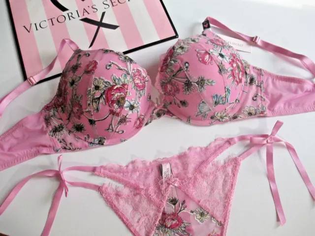 Victoria’s Secret DREAM ANGELS Demi Bra & Panty Set 34D / S - Black Floral  Lace