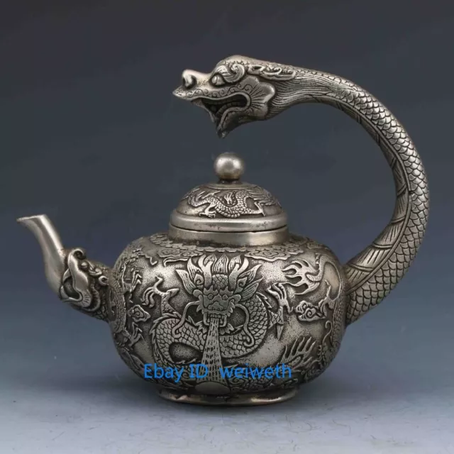 Collection Chinese Tibetan silver hand-carved dragon teapot
