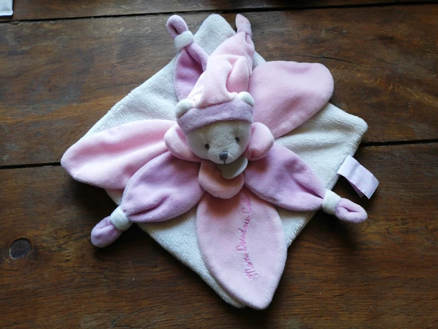 O/ Doudou Et Compagnie Ours Plat Blanc Rose Pétales Collector Violet j'aime mon