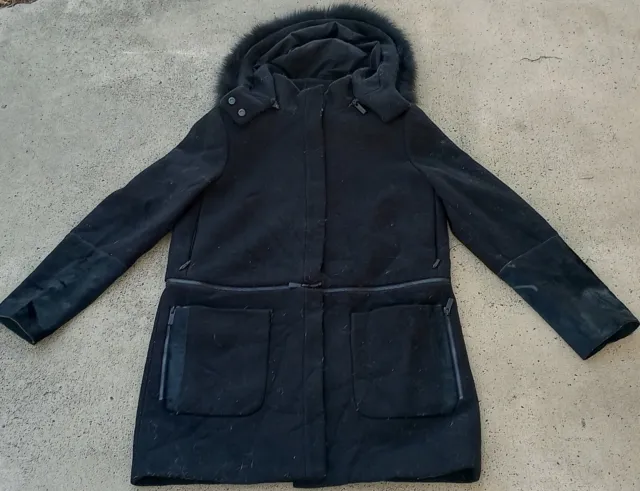 Zac Posen Womens Black Wool Blend Fox Fur Trim Winter Coat Jacket Parka Size 6