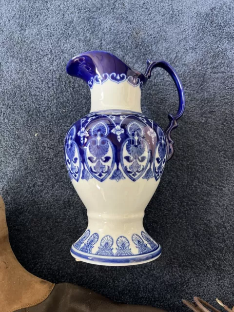 Vintage Blue White Chinese Pottery Jug Ewer Vase Oriental Design Marked On Base