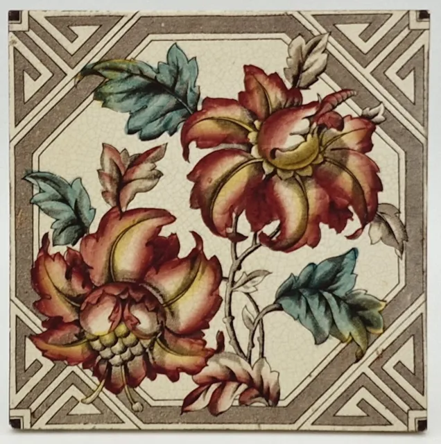 Antique Fireplace Tile Floral Print & Tint T.R Boote C1880 AE3