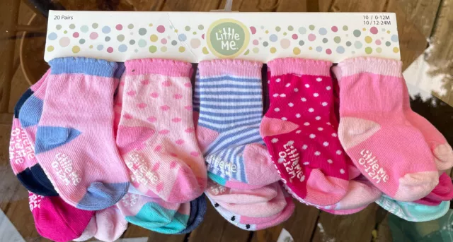 Little Me 20-Pack Newborn Baby Infant & Toddler Girls Socks, 0-12M / 12-24M, NEW