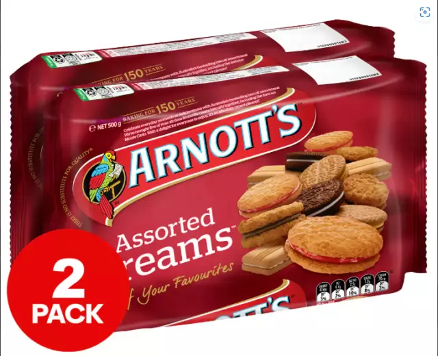 2x Arnott's Assorted Creams Biscuits Tasty Snacks Cream Filling Cookies 500g