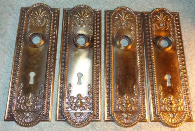4 Old Vintage Ornate Victorian Design Metal Door Knob Back Plates 7-3/4" T 2.5 W