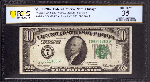 1928 A $10 Federal Reserve Star Note Chicago Fr.2001-G* Pcgs B Choice Vf 35