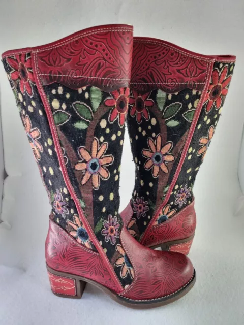 SOCOFY RED LEATHER Floral Knee High Boots UK 4 Zip Mid Calf Cowgirl ...