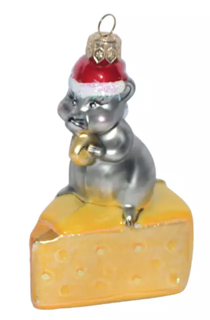 Christmas Glass Ornament Santa Mouse on Cheese Molded Blown Style 4 1/2" Tall