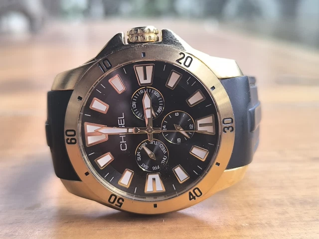 CHISEL GOLD-TONE STAINLESS Steel Black Dial 100m Quartz Mens Watch ...