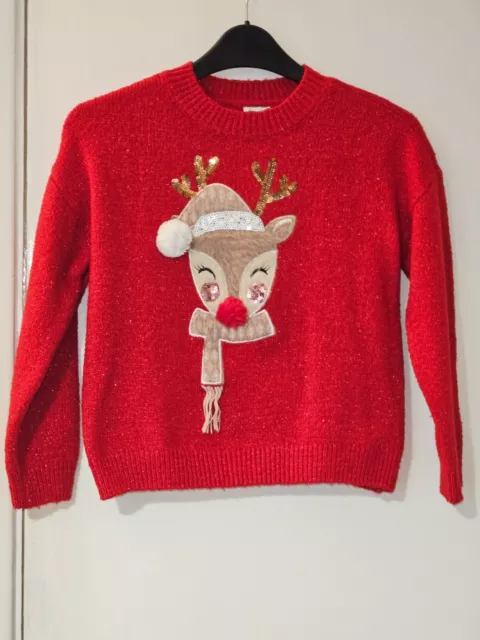 Girls Red Sparkle Reindeer Christmas Jumper - Age 8-9 Years - F&F