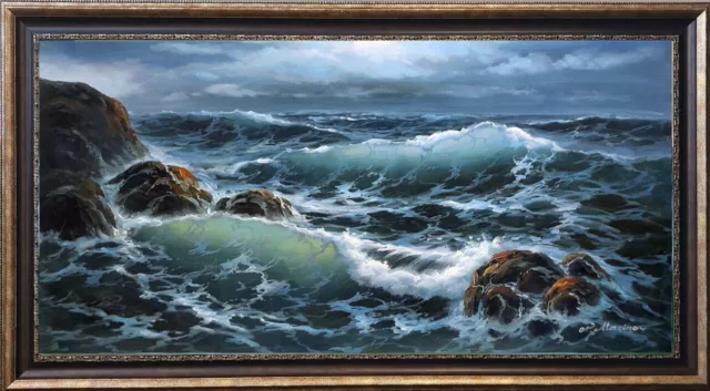 Extra large seascape "Rocky coast in moonlight night" listed artist oil painting
