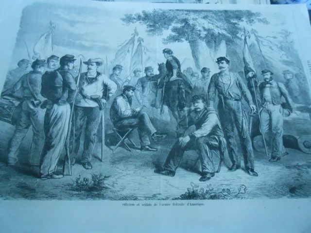 Gravure 1862 - Officiers et soldats de l'armée fédérale d'Amérique