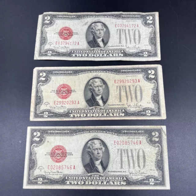 Lot of 3 1928 $2 Legal Tender Note Bills Red Seal US Currency AG G VG Circ