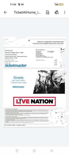 N.2 Biglietti concerto Metallica, 19 Giugno Visarno Arena  Firenze.settore verde