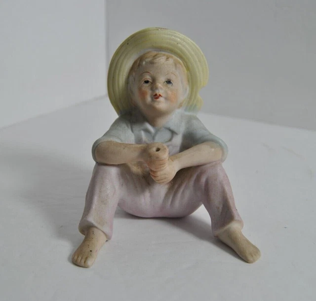 Antique Early 20th Century Porcelain Seated Figurine Boy Fishing Pastel Colors