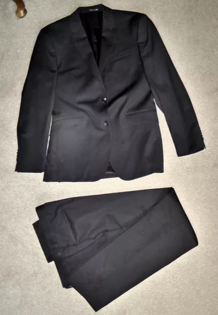 TM LEWIN MENS 2 Piece Suit Jacket 38R Trouser W32 L30 Black Super