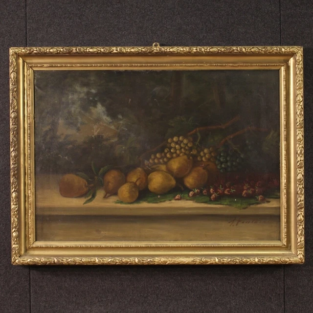 Bodegon con frutas cuadro firmado pintura oleo sobre lienzo marco del siglo XX.