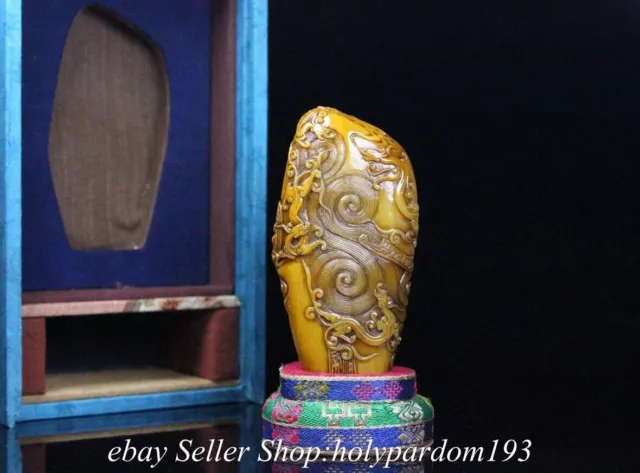 4" Chinese Natural Tianhuang Shoushan Stone Carved Dragon Seal Stamp Signet