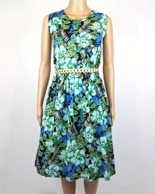 Vintage women 80s Green Blue Black Floral Print Cotton Sundress Size 8 AUSTRALIA