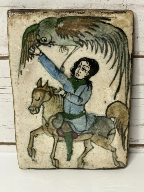 Antique Persian Iznik Qajar Pottery Tile Phoenix Horse Rider