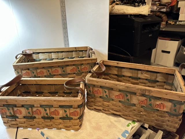 Vintage Woven Bamboo Wicker Rattan Nesting Baskets (3) hand painted leather