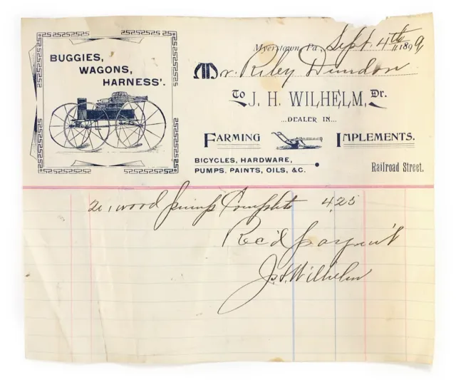 1899 Myerstown PA Antique Letterhead Receipt - J. H. Wilhelm Wagons Implements