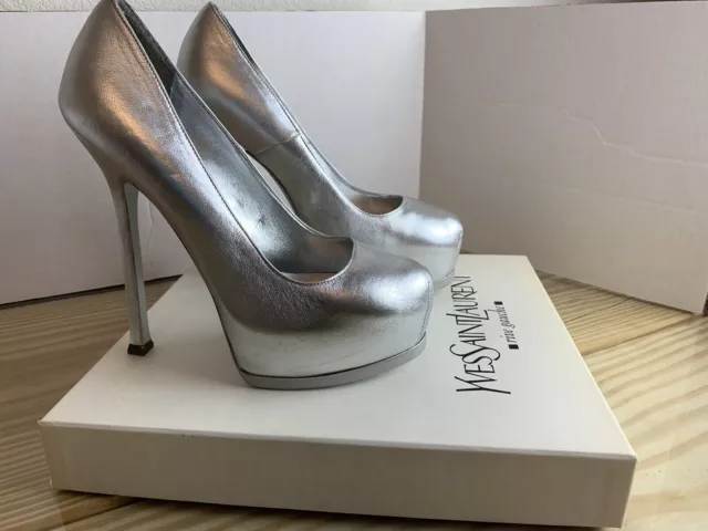 YSL Yves Saint Laurent TRIBTOO 105 Napa Silk Argento Platform Pump 37.5