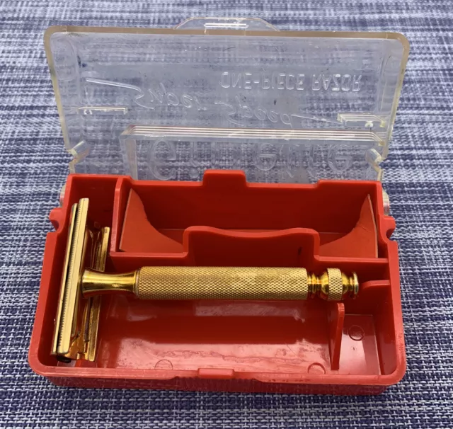 Gillette Gold Plated TECH Ball End Razor w/King Gillette Blue Blade & Res Case Gillette Gold Plated TECH Ball End Razor w/King Gillette Blue Blade & Res Case