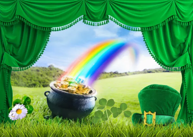 St Patricks Day Green Curtain Rainbow Gold 7x5ft Backdrop Vinyl Photo Background