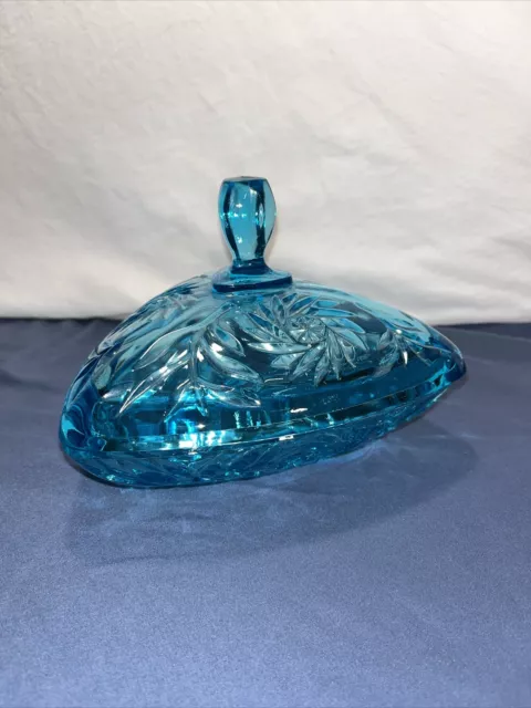 Vintage Mid-Century Hazel Atlas Capri Blue Glass Pinwheel Triangle Dish W/Lid