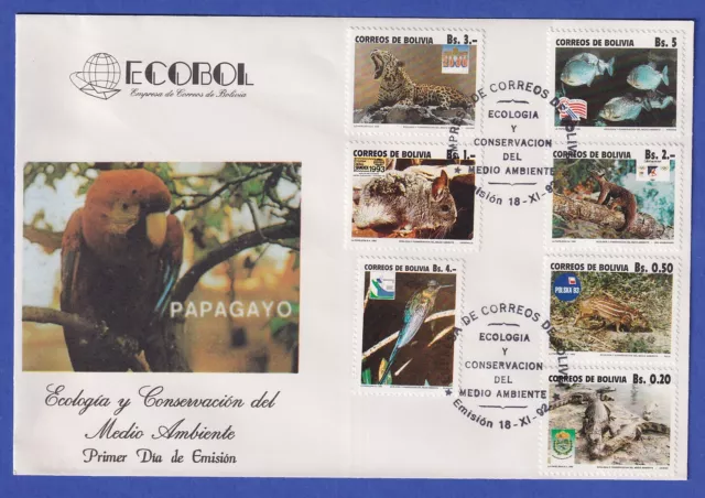Bolivien 1992 Gefährdete Tiere Mi.-Nr. 1178-1184 auf FDC