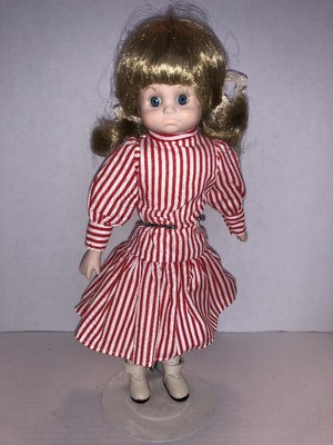 Wang's International Porcelain Doll Brown Hair Blue Eyes W/red & White Dress