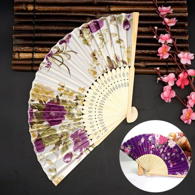 Chinese Japanese Hand Held Dance Fan Folding Silk Bamboo Flower Wedding Party AU