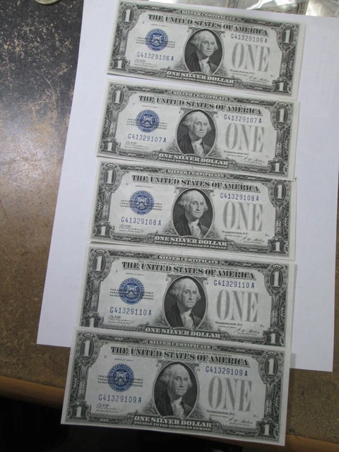 5 Cosecutive 1928 A Us $1 Silver Certificate Small Size Funny Notes Uncirculated