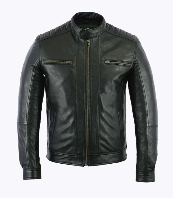 Men's Real Lambskin Leather Motorbike Jacket Stylish Quilted Shoulder Jacket