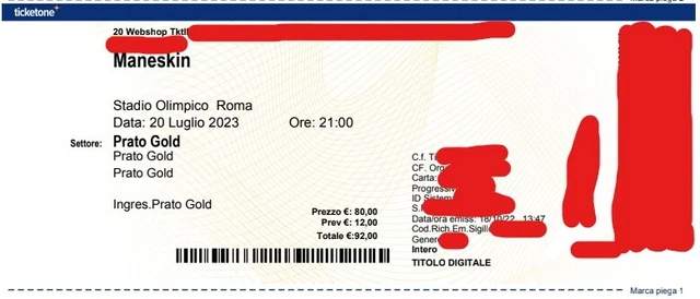 2xBiglietti Maneskin Roma Stadio Olimpico 20/07/23 PRATO GOLD
