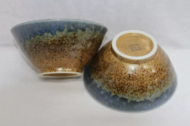S/2 Signed Japanese Porcelain Studio Art Pottery Rice Bowls BROWN&BLUE SPECKLE