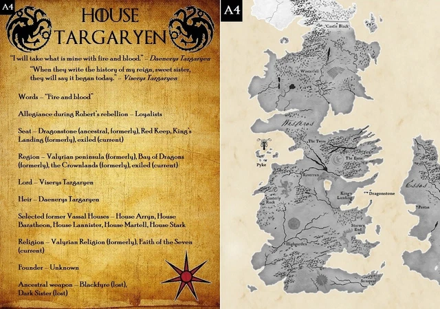 GAME OF THRONES House Targaryen scroll map of Westeros parchment