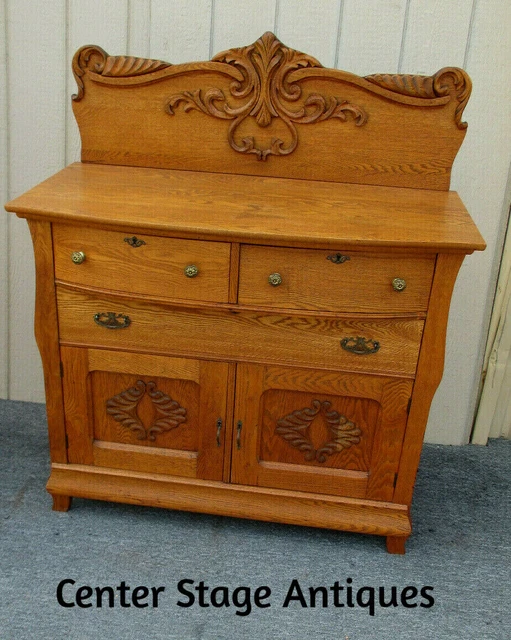 62449  Antique Oak Victorian Buffet Sideboard Server Cabinet