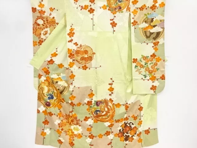 80205# Japanese Kimono / Antique Furisode / Embroidery / Ume Blossom & Grid