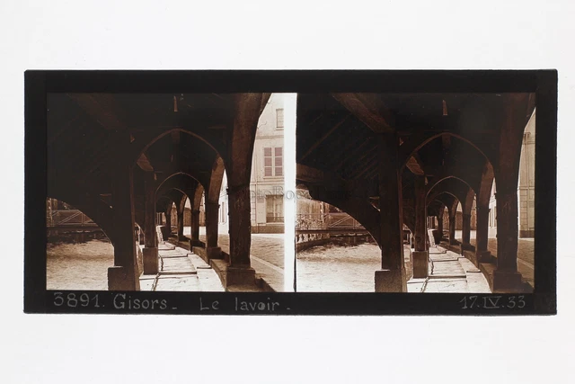 Gisors Lavoir Eure Normandie France Photo Stereo Plaque de verre Vintage 1933