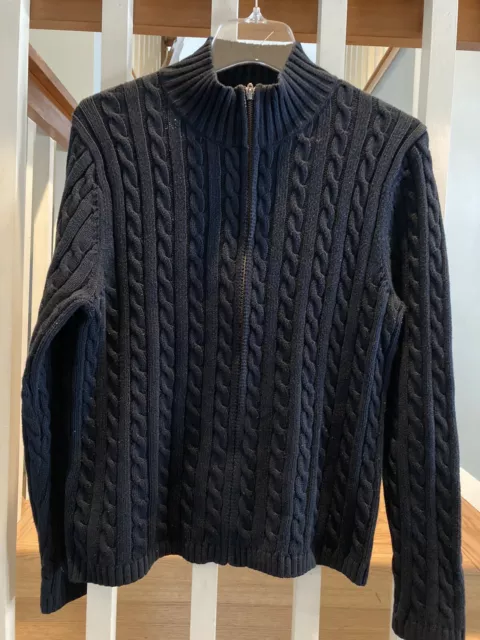 L.L. Bean M Women's Cable Knit Full Zip Cotton Cardigan Sweater Blue