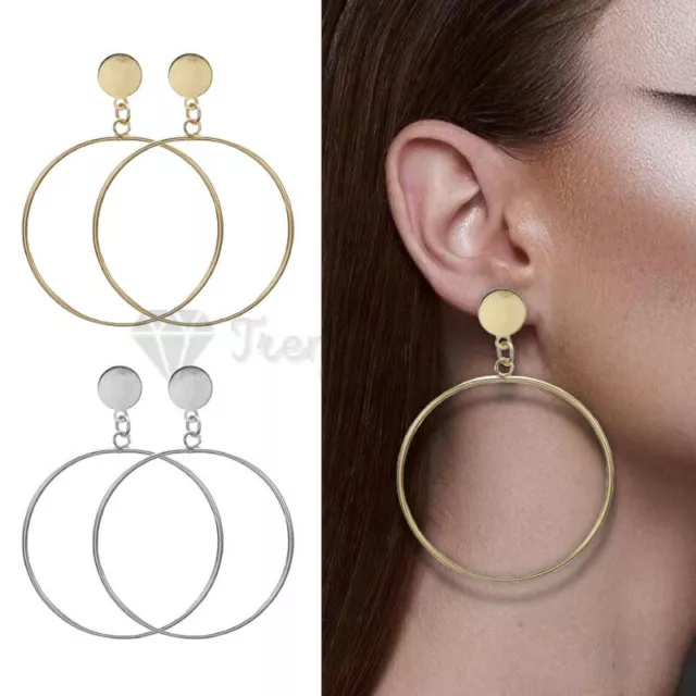 18ct Gold Plated Silver Round Hollow Circle Big Hoop Drop Dangles Stud Earrings