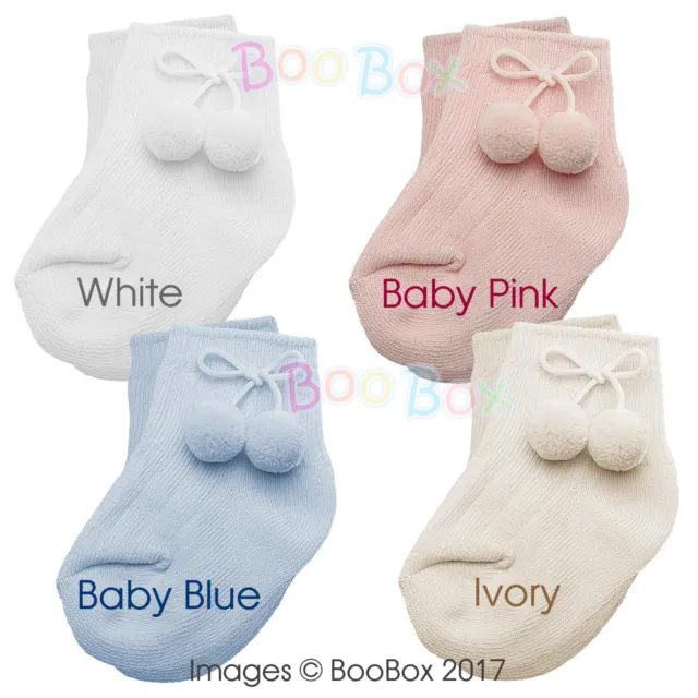 Baby Girls & Baby Boys Spanish Style Pex Ankle Pom Pom Socks NB(EU15)-12(EU30)