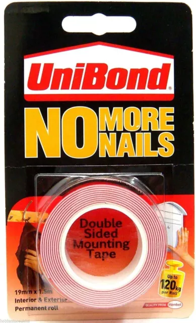 2X No More Nails Cinta de Doble Lado Uni Bond Cinta de Montaje 19 mm x 1,5 m Nueva